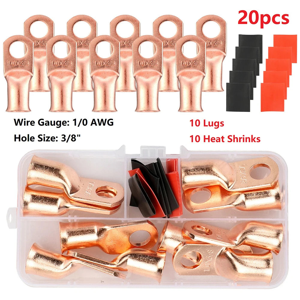 20pcs 1/0 AWG Gauge Copper Lug Terminals w/ Black & Red Heat Shrink